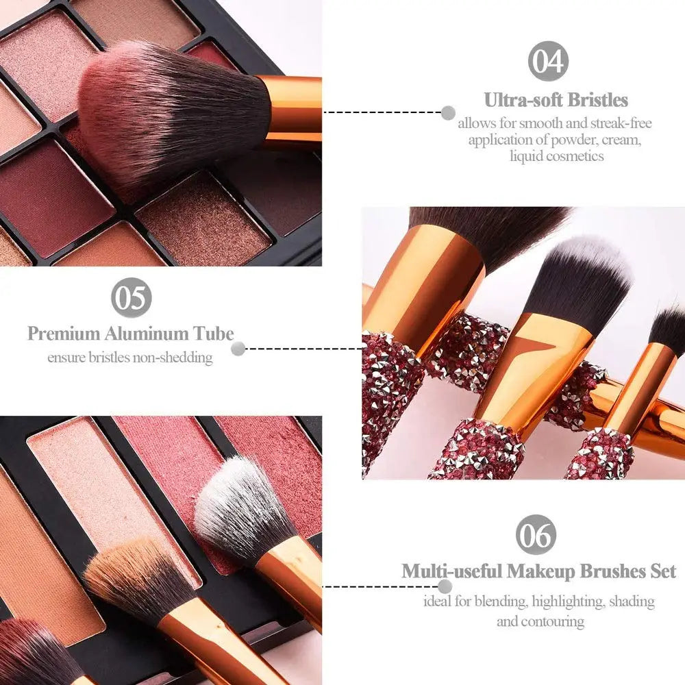 Set of 10 rhinestone makeup brushes with rose gold aluminum handles and red crystal-encrusted ferrules featuring ultra-soft bristles for smooth application presented with a pink bag.