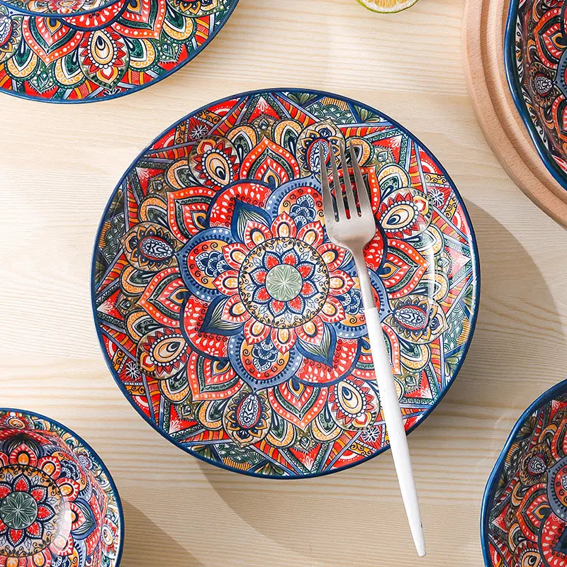 Ceramic mandala serving bowl hand painted 400ml featuring a vibrant red blue and gold mandala pattern with a glossy finish.