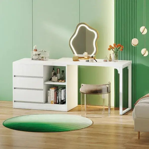 White modern L-shaped makeup vanity with integrated drawers and open shelving featuring a sleek minimalist design and lighted mirror.