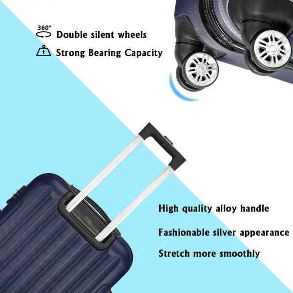 Navy blue hard-shell spinner suitcase with a silver alloy handle and double silent wheels from a 3-piece luggage set.