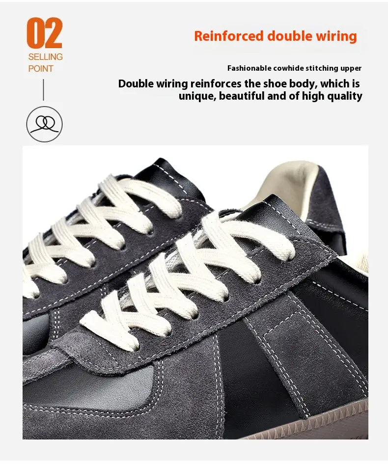 Schwarze Veloursleder- und Leder-Trainingsschuhe für Herren aus Deutschland, Herren-Leder-Casual-Sneaker mit weißen Schnürsenkeln.