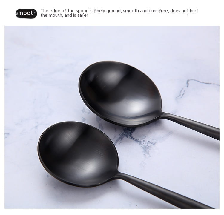 Matte black stainless steel spoons with a matte finish and smooth rounded edges from a 60 piece tableware set.