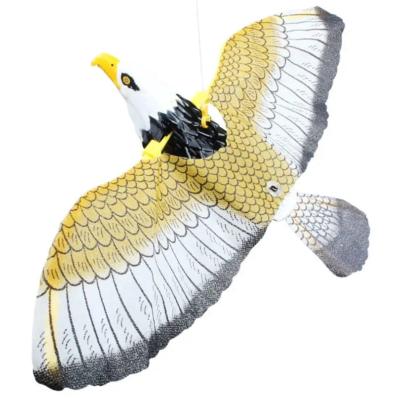 Interactive flying bird cat toy featuring a detailed plastic eagle decoy with yellow white and black feather patterns and a bright yellow beak.