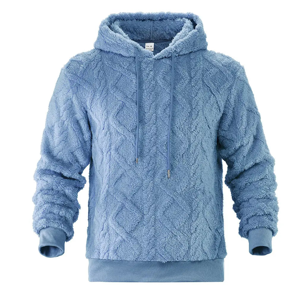 A cozy light blue men’s fleece lined knit hoodie with a textured cable knit pattern and matching drawstrings.