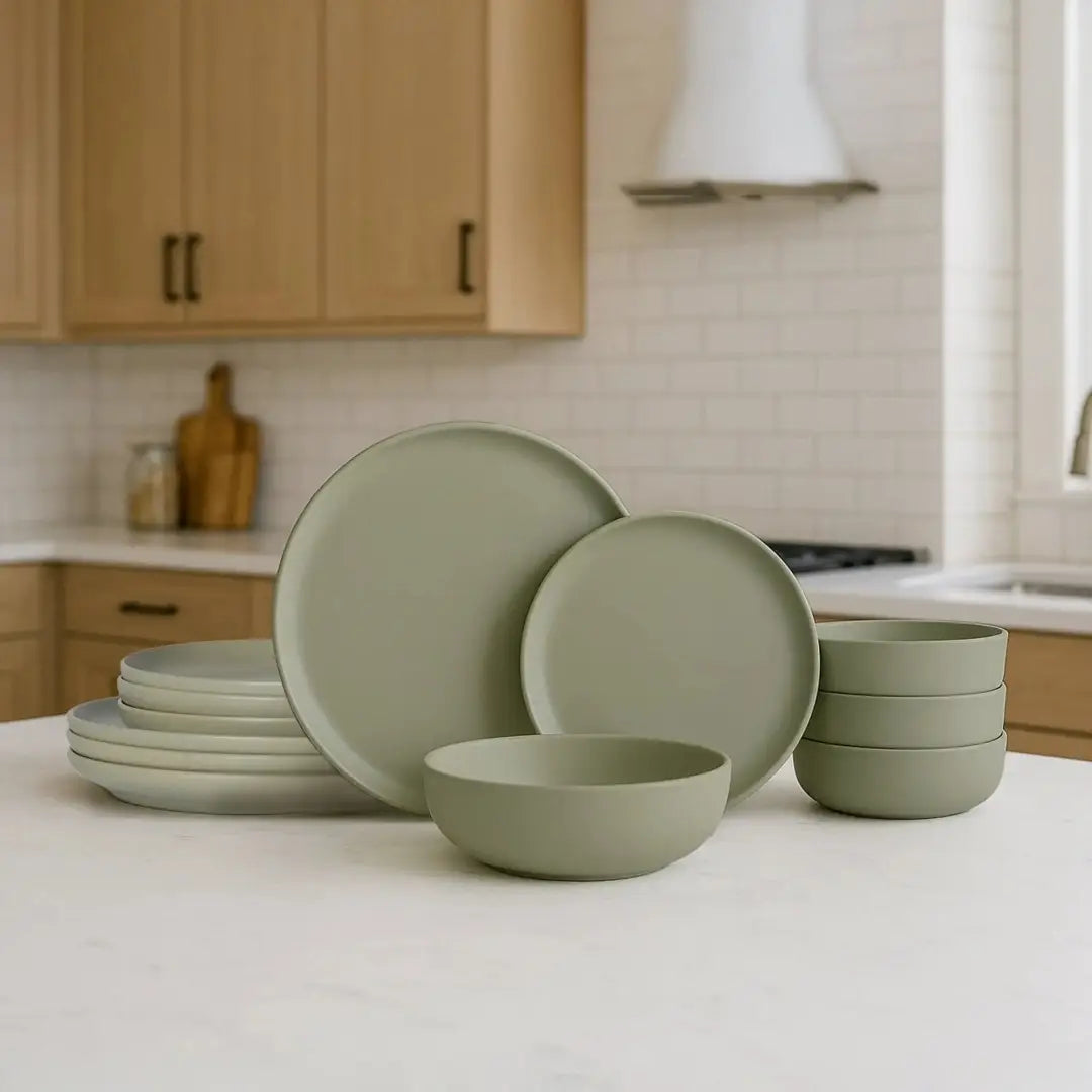 Ein mattes salbeigrünes Steinzeug-Geschirrset mit minimalistisches modernem Design umfasst 12 Teile und eignet sich für vier Personen.
