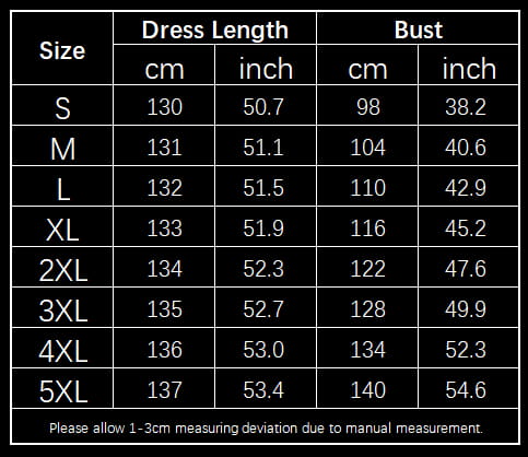 Le tableau des tailles de la robe longue maxi sans manches en lin, coupe trapèze en A, avec poches, indique les mesures de la poitrine et de la longueur en centimètres et en pouces pour les tailles allant de S à 5XL.