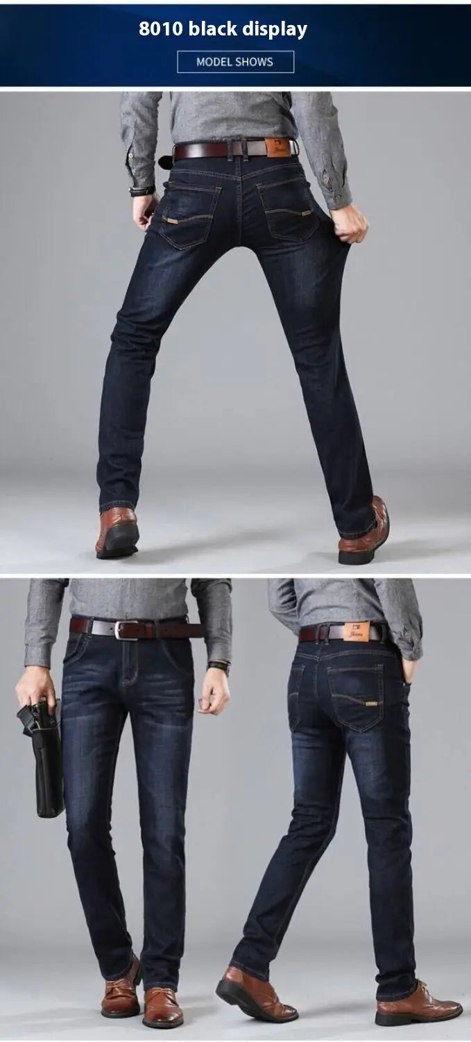 Jeans d’affaires décontractés pour homme à taille haute élastique, coupe slim, en denim bleu foncé, avec coutures classiques et passants de ceinture