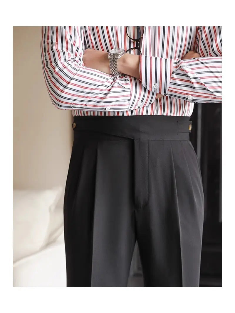 Black tailored pleated wool straight leg trousers for men featuring a tailored fit and gold toned button details.