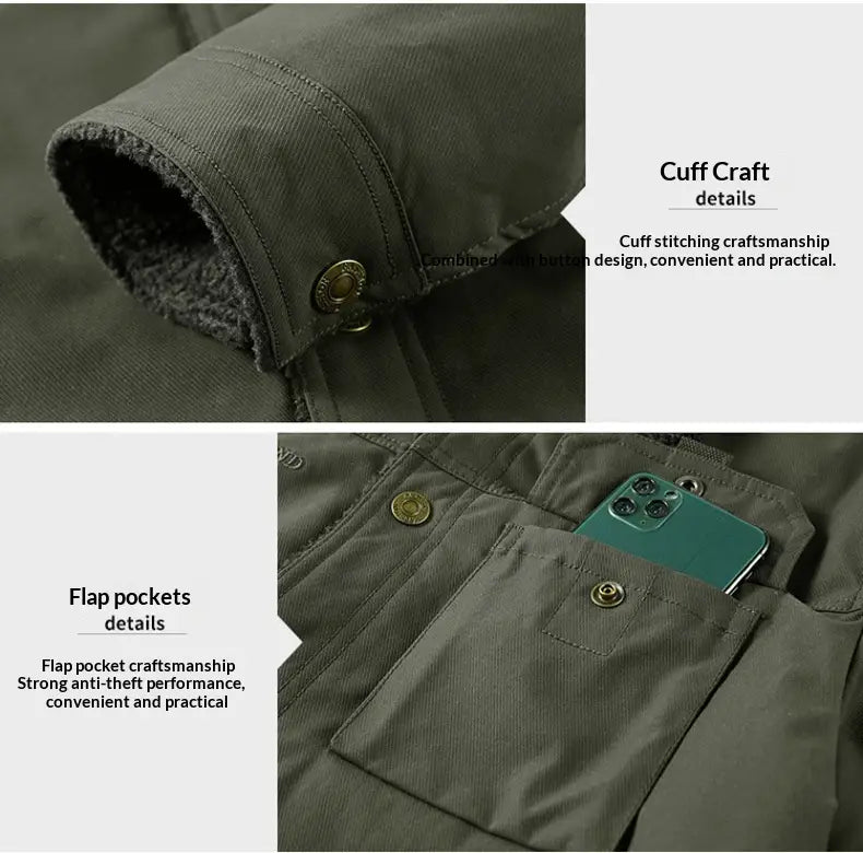 Veste boutonnée en matelassé à empiècements pour homme en toile de velours côtelé vert olive foncé, avec poignets renforcés et poches à rabat, dotées de boutons à tons laiton.