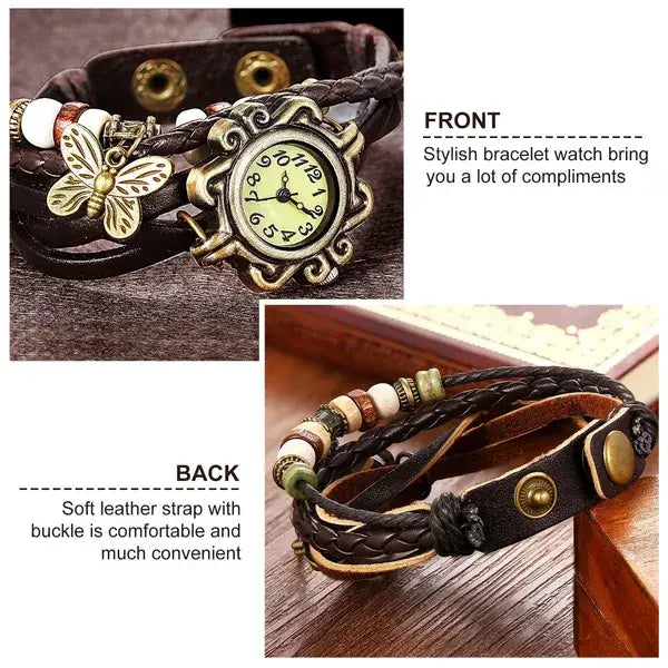 Vintage bohemian braided leather butterfly charm watch featuring a vintage-style leather bracelet with a gold-toned butterfly charm and an ornate antique brass face.