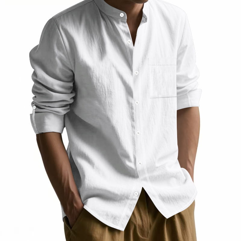White button-down men’s casual linen shirt with collar chest pocket and lightweight fabric for comfortable long sleeve wear.