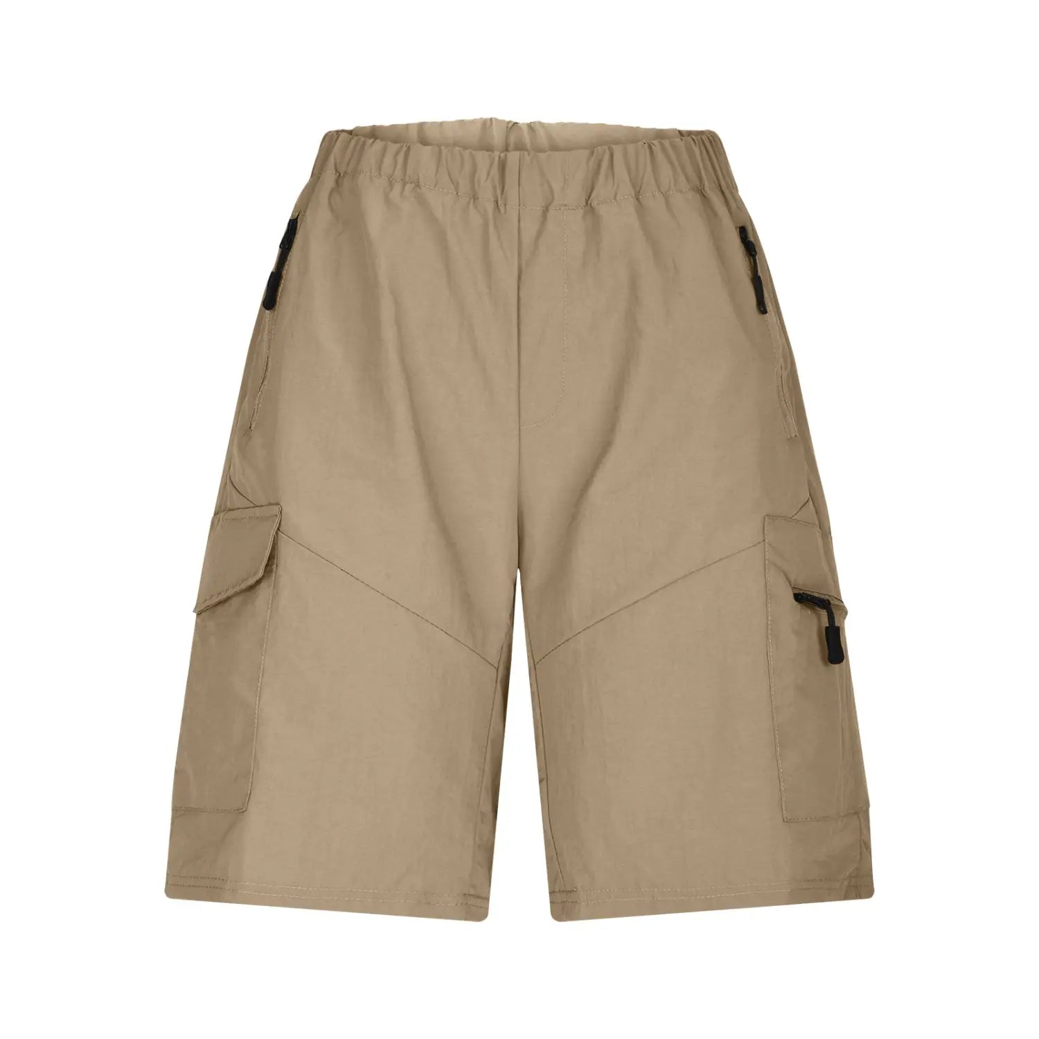 Short cargo athlétique pour hommes à jambe droite couleur beige, avec une ceinture élastique et des accents noirs à fermeture éclair sur les poches latérales.
