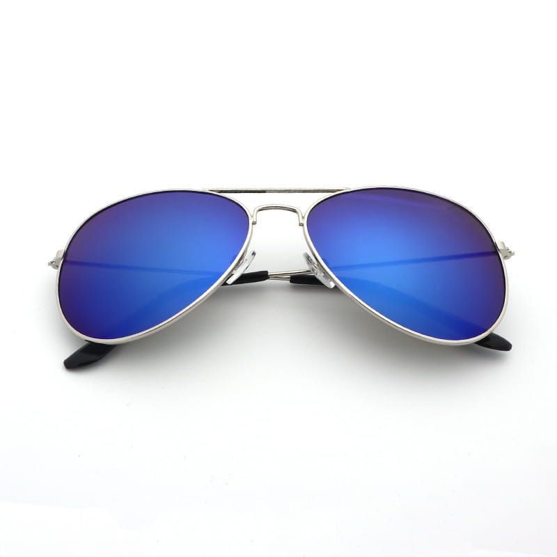 Classic unisex metal aviator sunglasses with silver frames vibrant blue mirrored lenses black temple tips and uv protection.