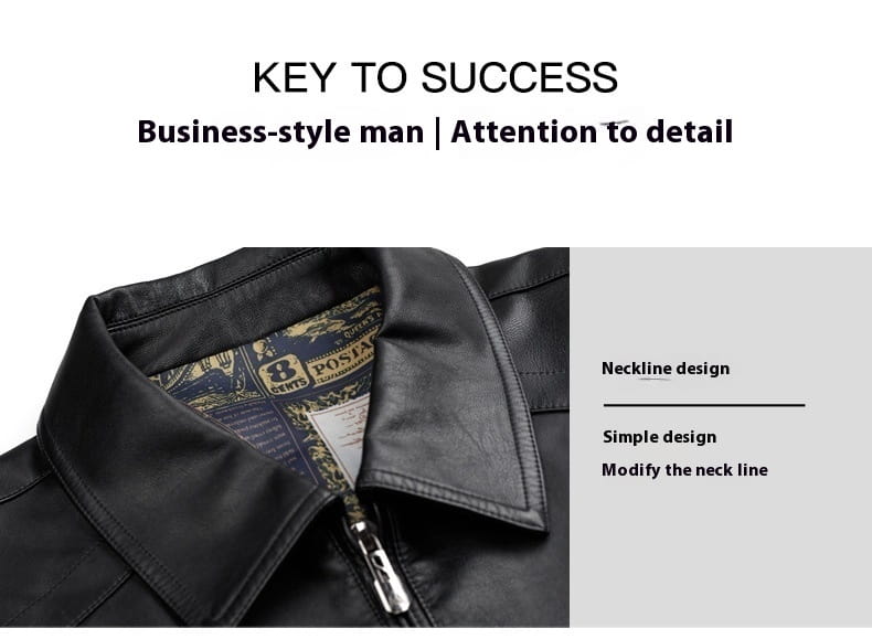 black sheepskin leather jacket for men with classic collar zipper closure and thin fleece lining