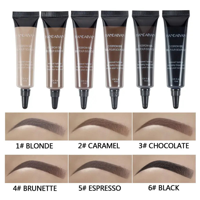 six black-topped tubes of handaiyan eyebrow henna gel waterproof liquid tint tattoo kit in blonde caramel chocolate brunette espresso and black shades.