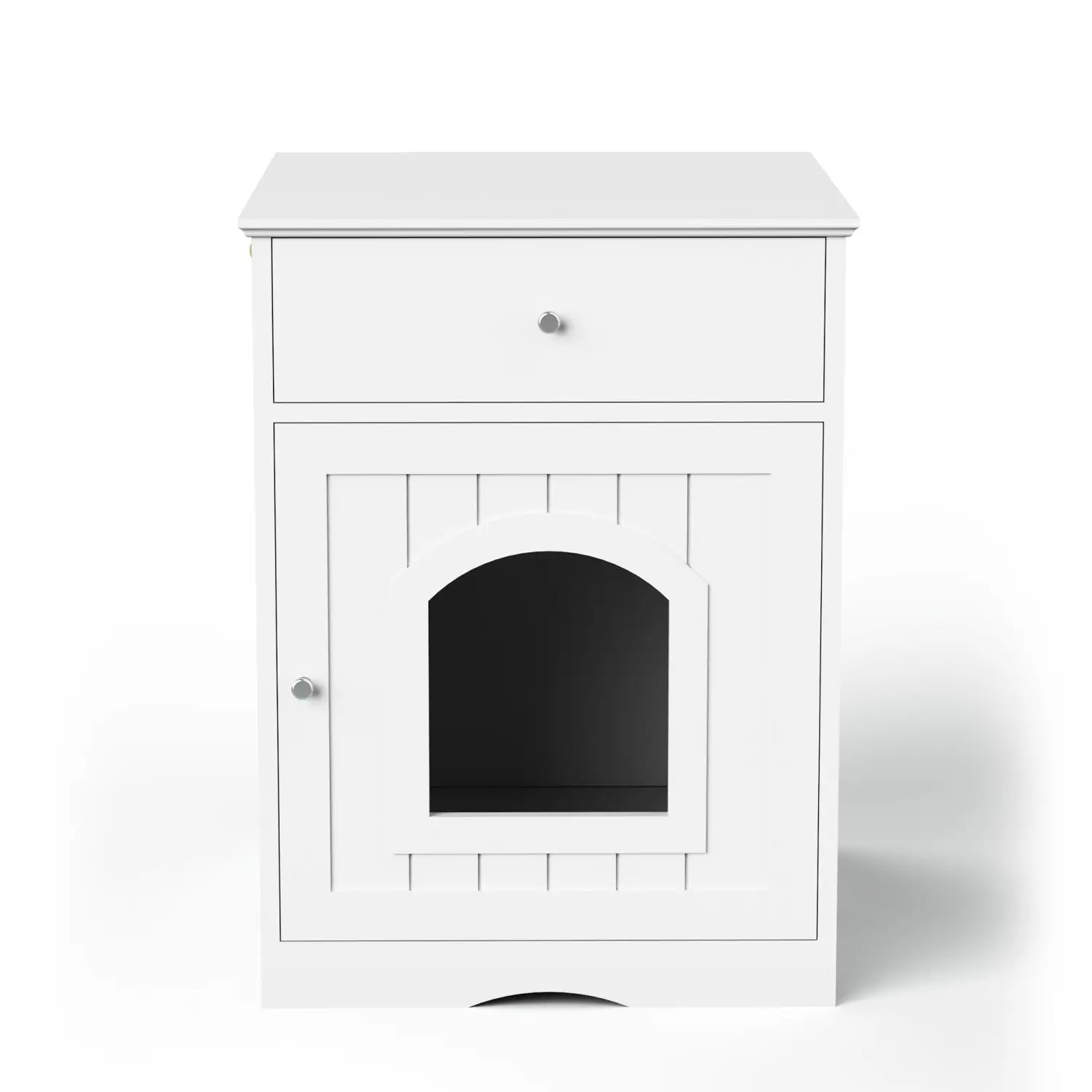 White wooden cat litter box enclosure with a drawer and an arched door for discreet pet waste management.