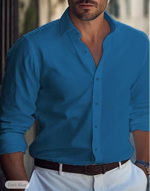 Men’s slim fit dark blue long sleeved button down linen blend shirt with classic collar and rolled cuffs for casual wear.