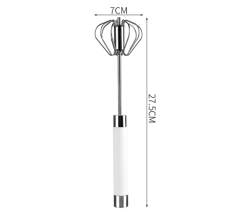 Fouet à œufs rotatif semi-automatique en acier inoxydable argent et blanc, avec manche ergonomique élégant et tête de fouet à spirale.