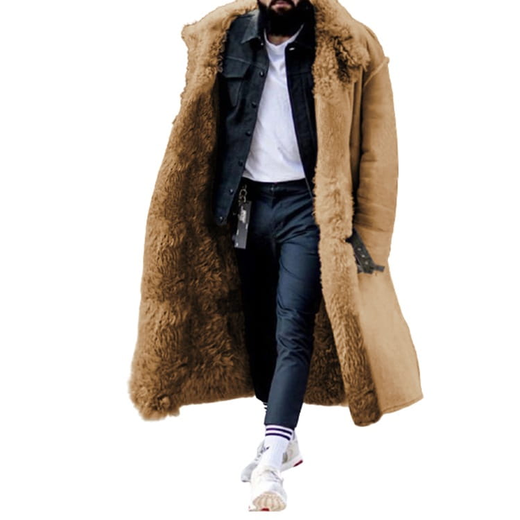 Furry long shearling winter coat in tan featuring a plush textured interior lining and classic collar for cold weather wear.