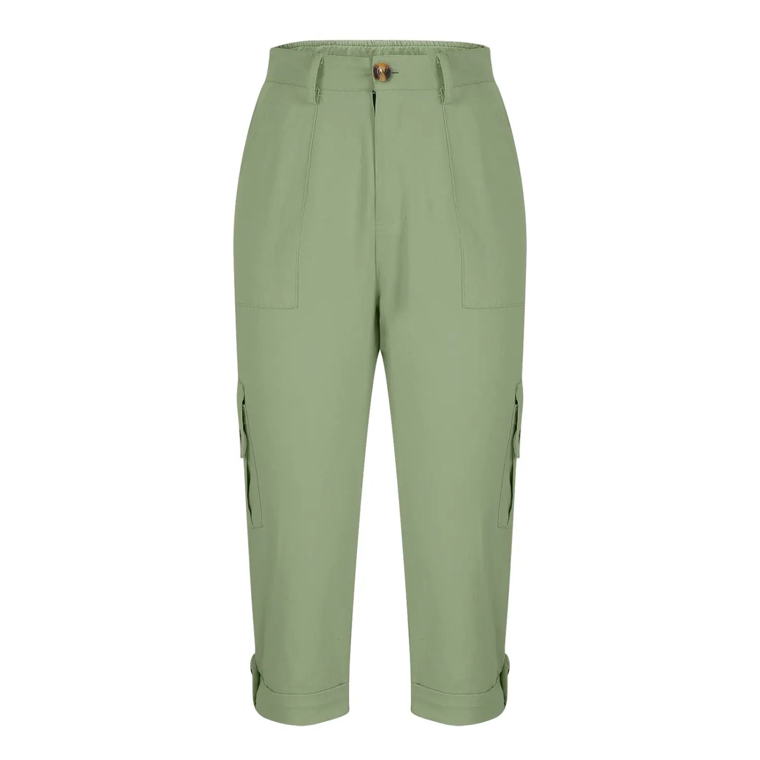 Pantalon capri cargo vert olive taille haute pour femmes avec ourlets retroussés et fermeture boutonnée, adapté à un usage décontracté