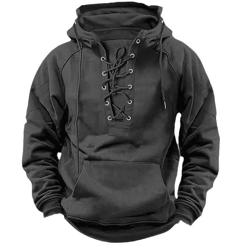Men’s black lace up cotton pullover hoodie with a front kangaroo pocket and drawstring hood.