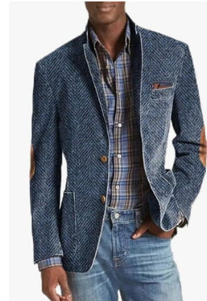 Men casual slim fit cotton blazer jacket in blue herringbone wool with brown leather elbow patches.
