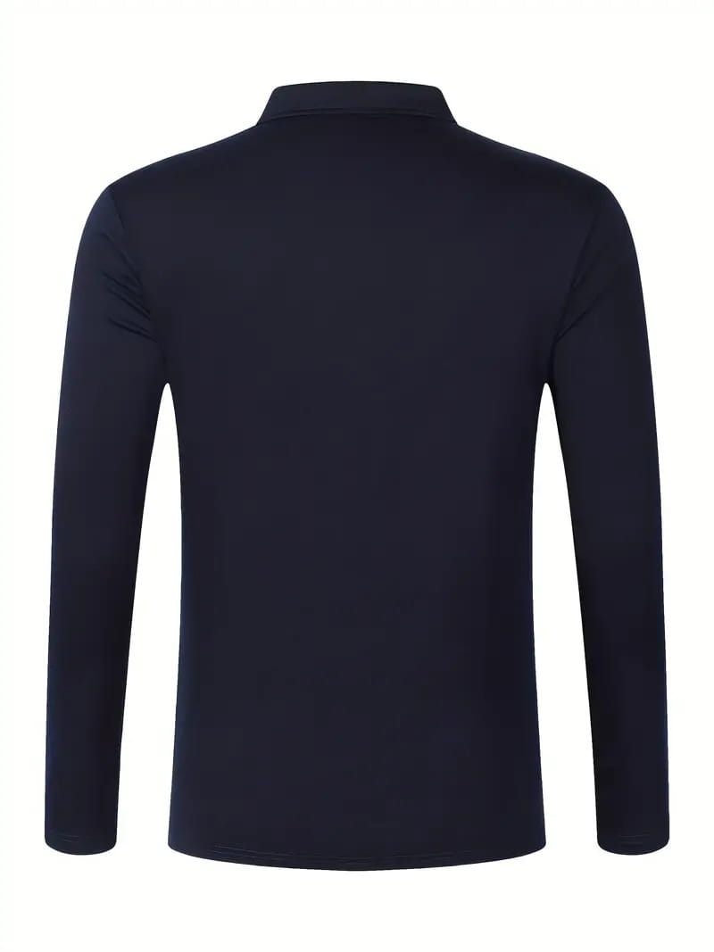 Navyblaues langärmliges Polohemd mit klassischem Kragen und glatter Stoffausführung, entworfen als Casual-Sporttop.