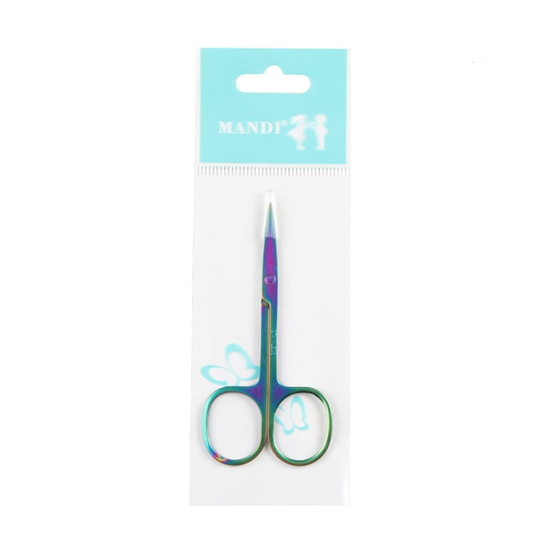 Ciseaux irisés en acier inoxydable pour taille-brow sourcils en forme de papillon, finition arc-en-ciel, dans l’emballage de la marque Mandy.