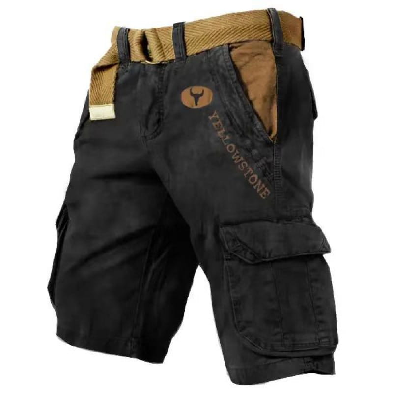 Bermudas cargo noirs pour hommes avec accents beige, comprenant plusieurs poches, une ceinture tissée et le logo Yellowstone sur la cuisse.