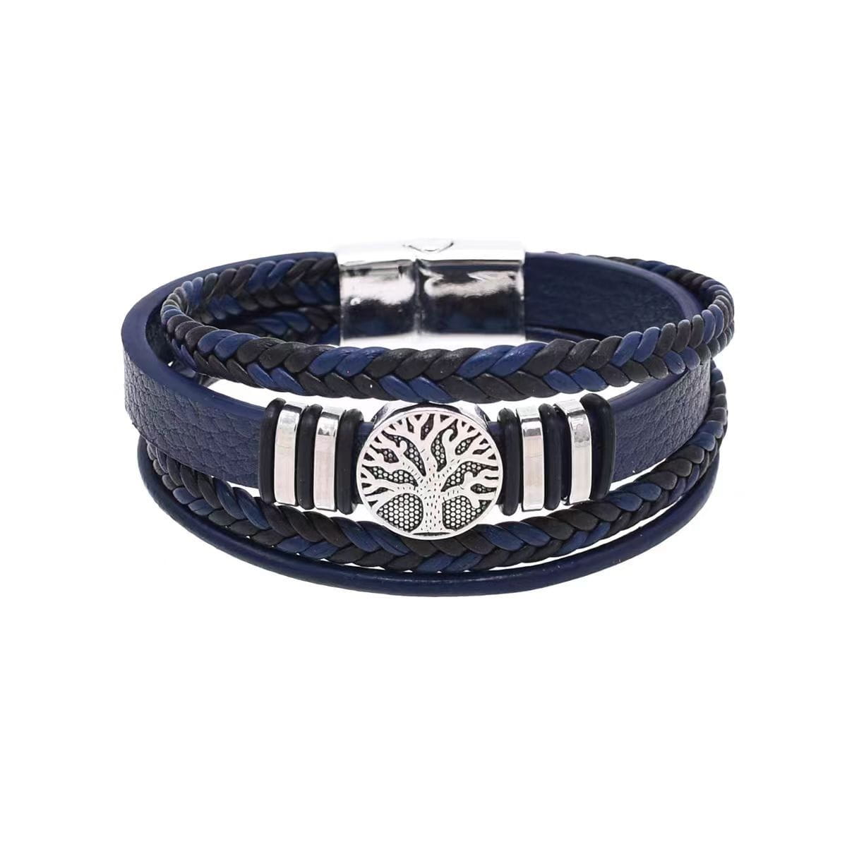 Bracelet multi-brins en cuir tressé bleu marine et noir avec arbre de vie pour hommes, avec un charme à l’aspect argenté présentant des détails raffinés et des plaques rectangulaires métalliques.