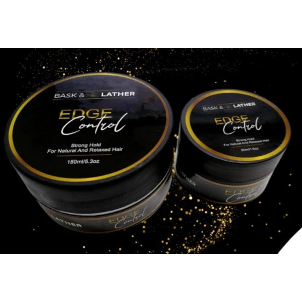 Récipients cylindriques noirs de cire coiffante pour cheveux bask and lather, à tenue forte, contrôle des contours pour la mise en forme, 150 ml, avec des étiquettes à bordure dorée et du texte.