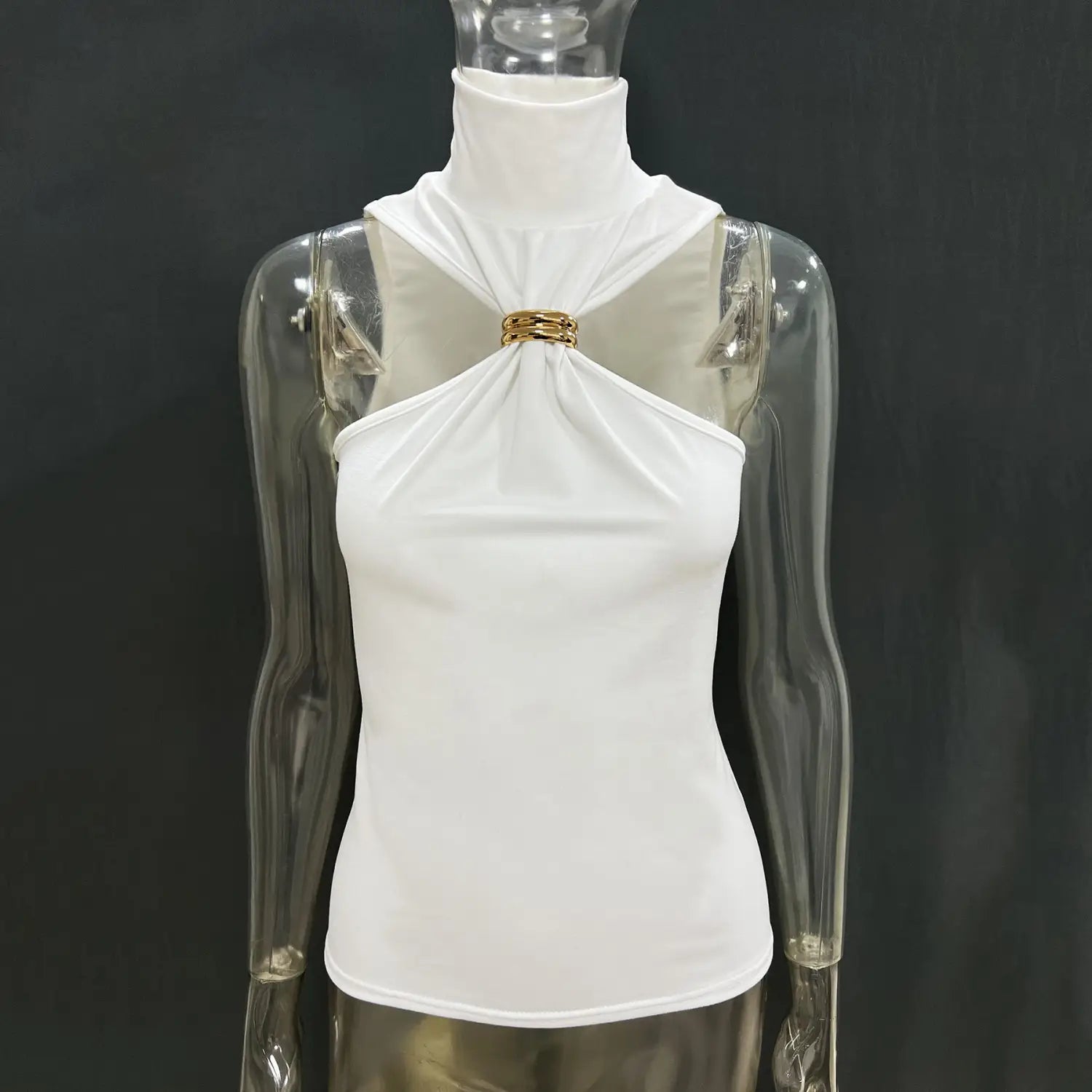 White gold ring halter stretch top featuring a high-neck design with a gold-toned metallic clasp at the neckline.