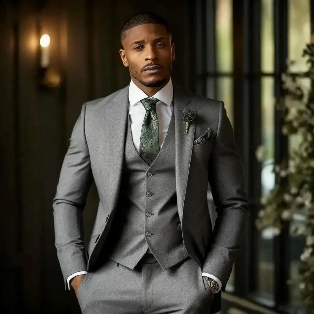 Men slim fit three piece suit in gray with matching vest and trousers featuring subtle texture and elegant detailing