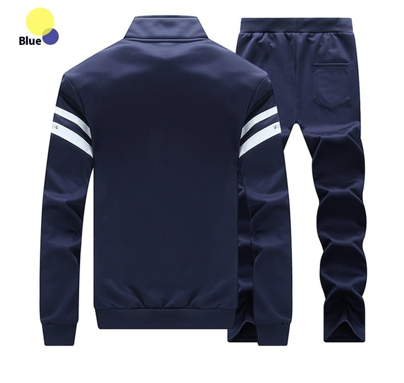 Navy blue mens track suit athletic zip sweatshirt jacket with white stripes on the sleeves and high collar designed for sports and casual wear.