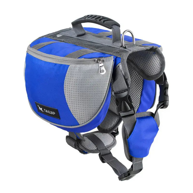 Blue and gray tailup dog backpack made of oxford cloth with mesh panels and adjustable straps designed as an adjustable pet hiking bag shown from the back side.