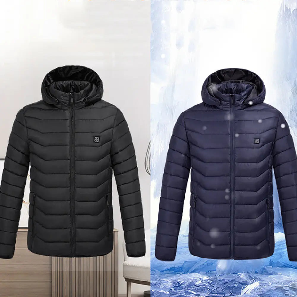 Black and navy blue multi zone quilted electric heated jackets with detachable hood, zip-front closure, and small brand logo on chest.