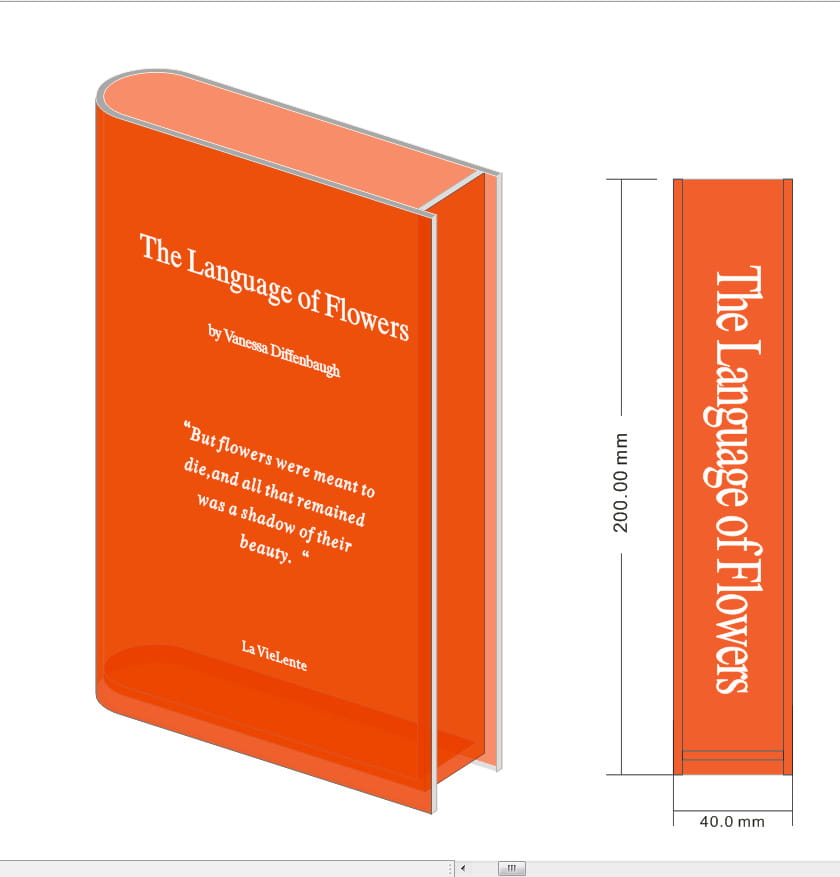 libro de tapa dura color naranja El idioma de las flores de Vanessa Diffenbaugh mostrado en un jarrón de flores de acrílico transparente para decoración moderna del hogar