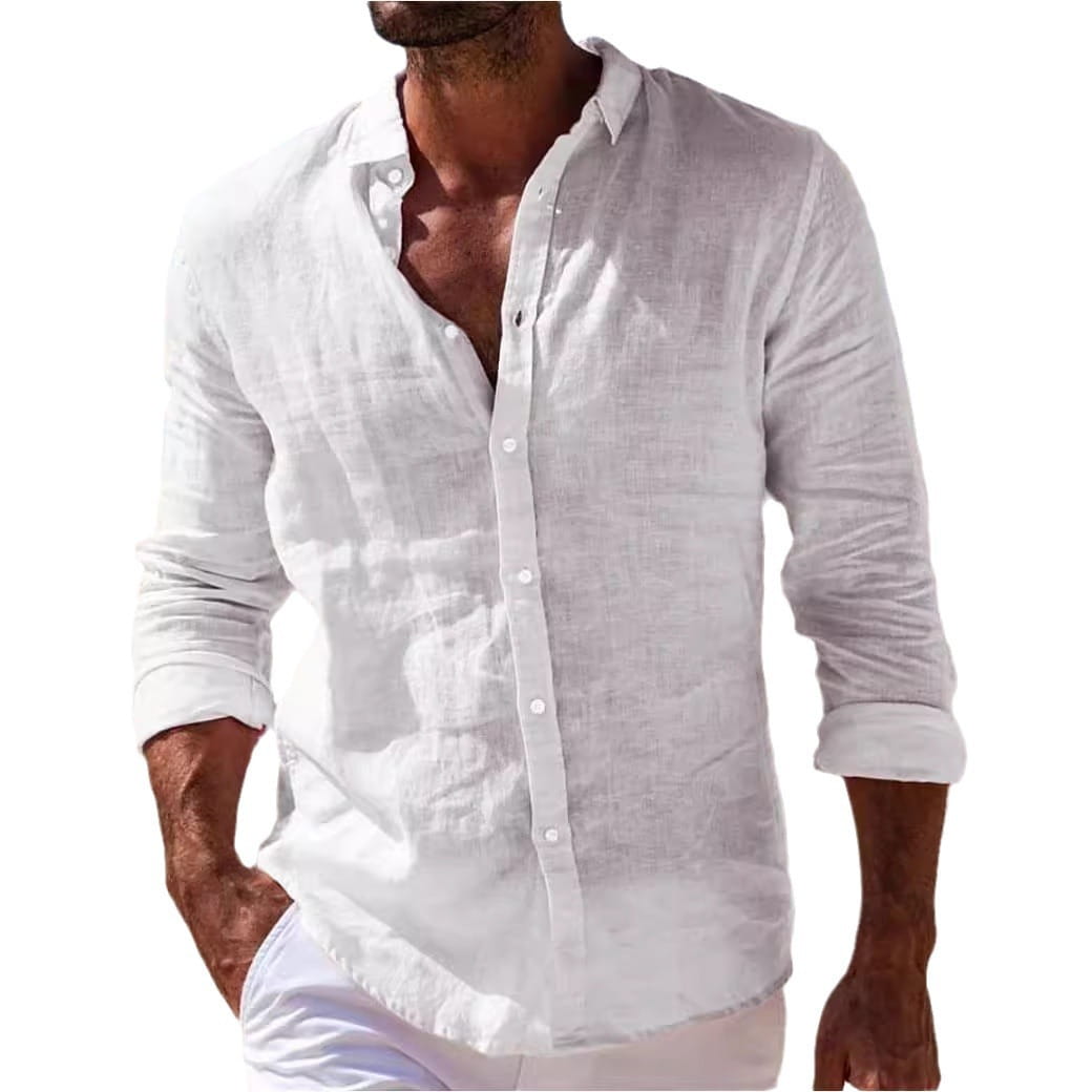 Men linen casual button down shirt in white with rolled up sleeves made from lightweight linen fabric.