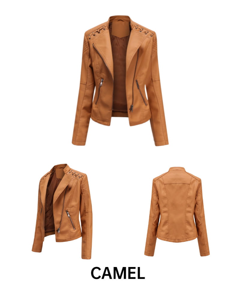 Damen-Camelfarbene Faux-Leder-Motorradjacke im Slim-Fit-Mantel mit Reißverschluss-Details und gestickten Verzierungen.