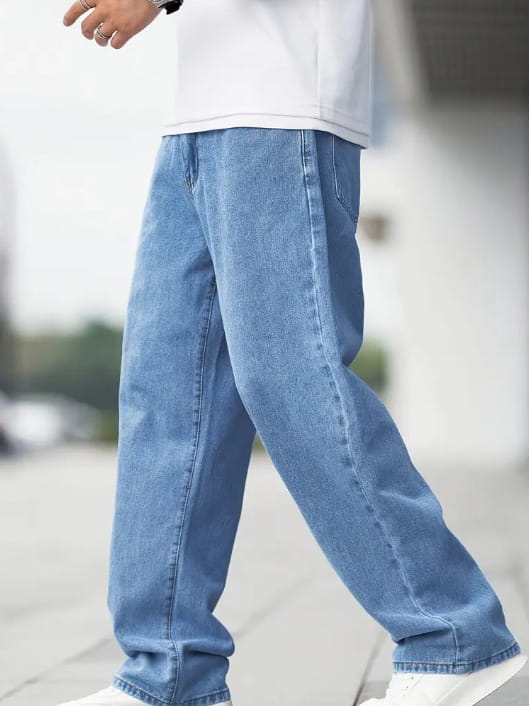 Men’s relaxed straight leg light wash denim jeans made from light-wash blue denim with a relaxed, straight-leg cut.