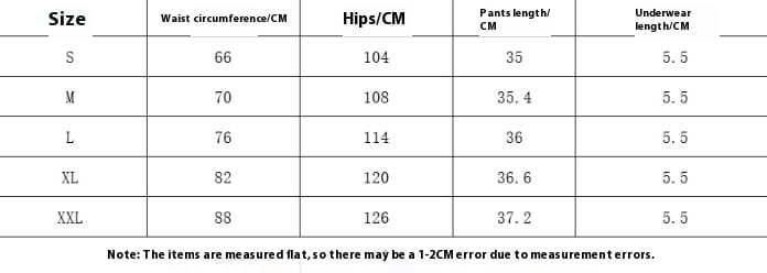 The size chart for pants in the women’s ruched v-neck sleeveless top and shorts set displays measurements in centimeters across sizes s through xxl.