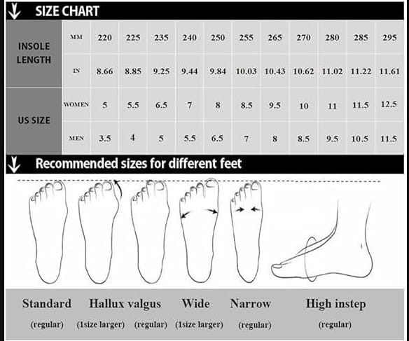 Tableau des tailles pour baskets décontractées basses en toile pour femmes à laçage, présentant les tailles pour femmes et hommes avec des mesures en millimètres et en pouces, ainsi que des illustrations du type de pied, y compris hallux valgus standard, large, étroit et cou-de-pied haut.