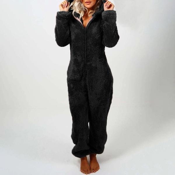 Pijamas tipo mono de forro polar suave negro con capucha con orejas de gato, con tejido con textura acogedora y puños acanalados.