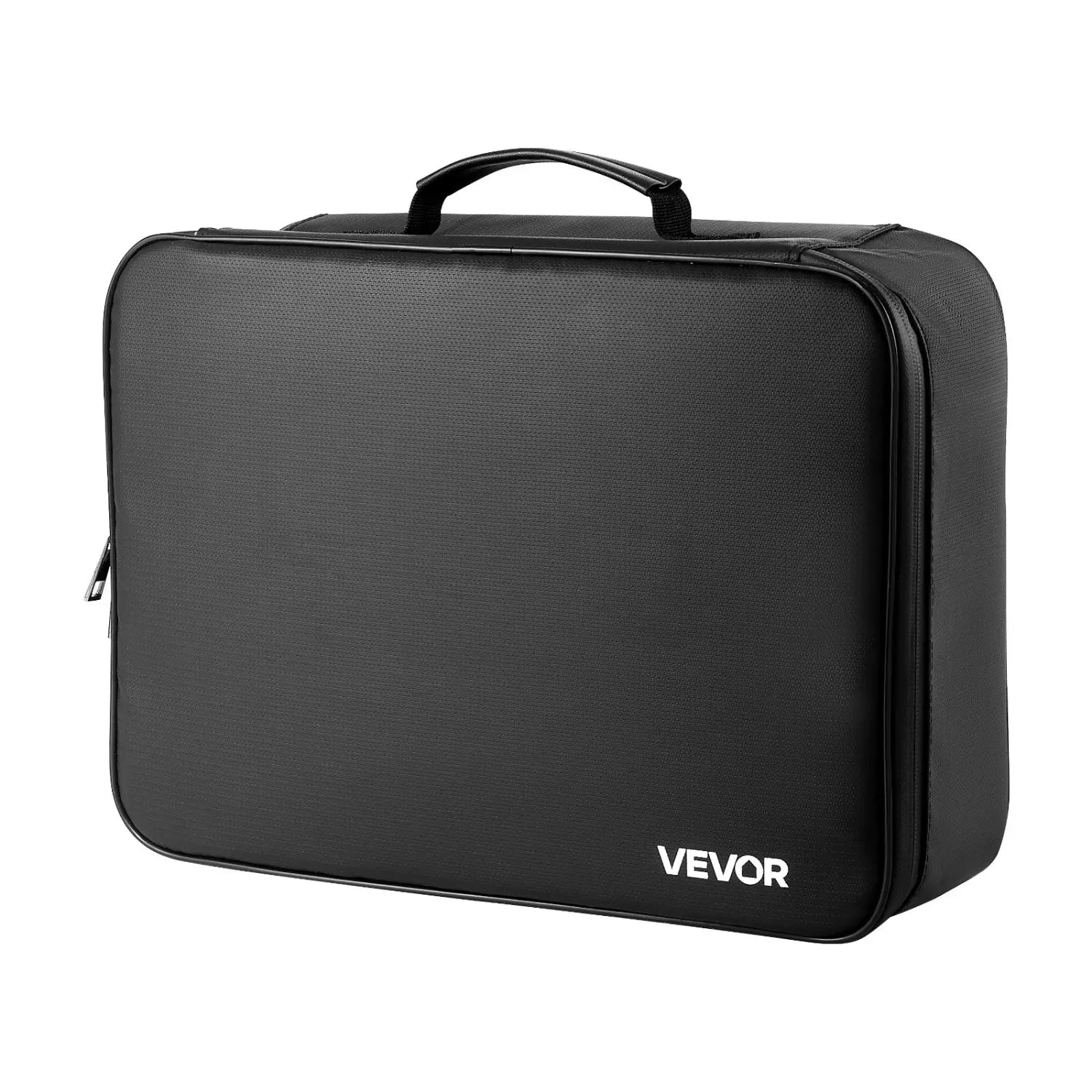Bolsa organizadora de viaje negra con superficie texturizada y asa superior, diseñada como una caja para documentos ignífuga con cerradura y asa, modelo 1832f.