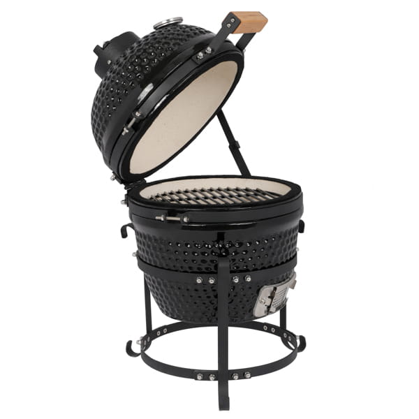 Black ceramic 13 inch kamado charcoal grill with textured exterior, light beige interior, and wooden handle on the lid.