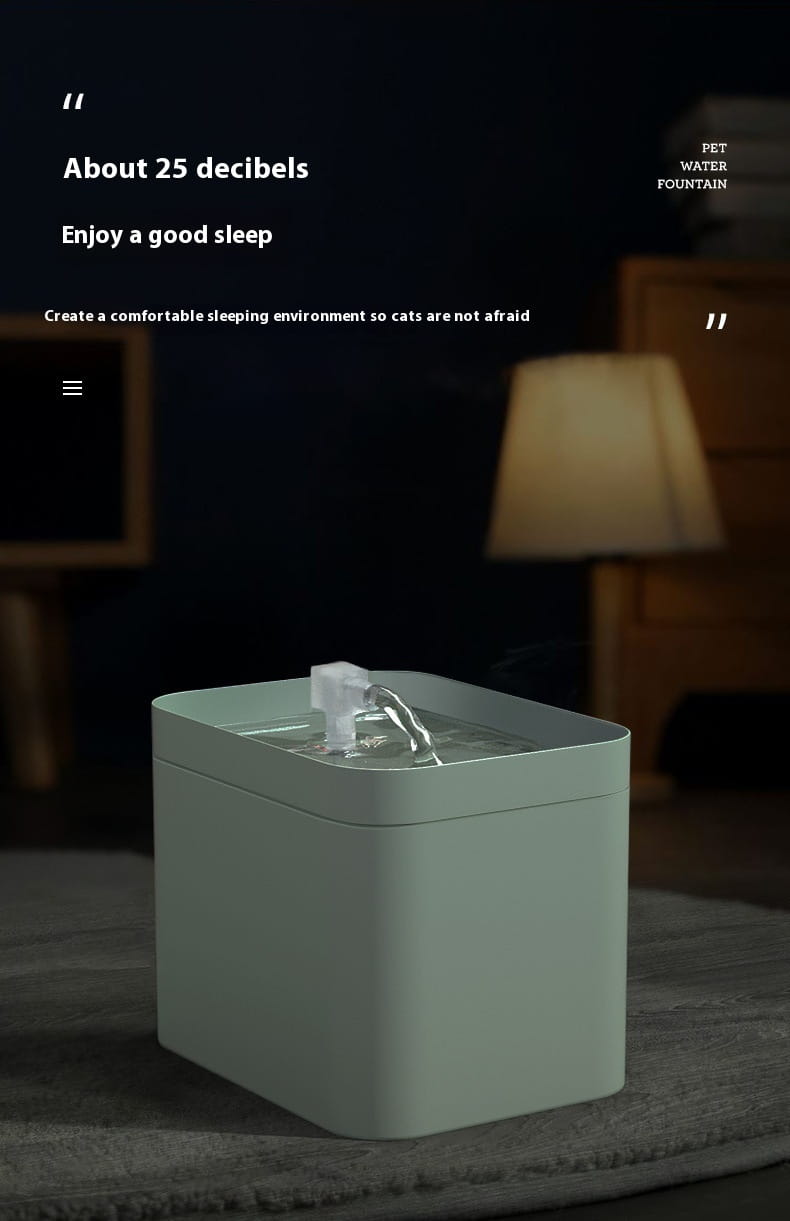 A sleek light green rectangular automatic cat water fountain with a 1500ml capacity, modern design, and a clear plastic spout for continuous water circulation.