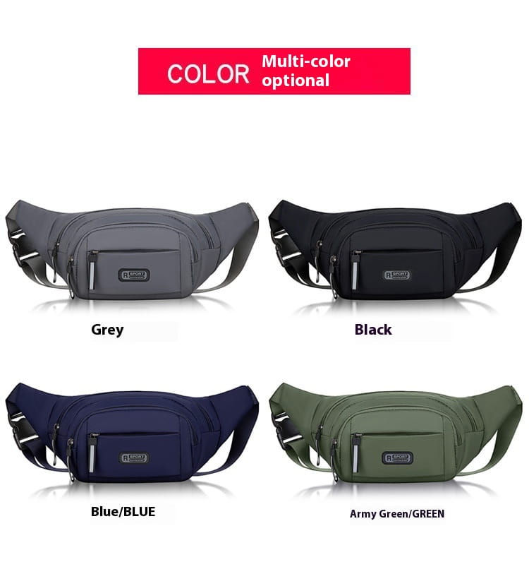 Men’s waterproof nylon multifunctional crossbody waist bag in multi-color with zippered compartments and a small brand logo patch.