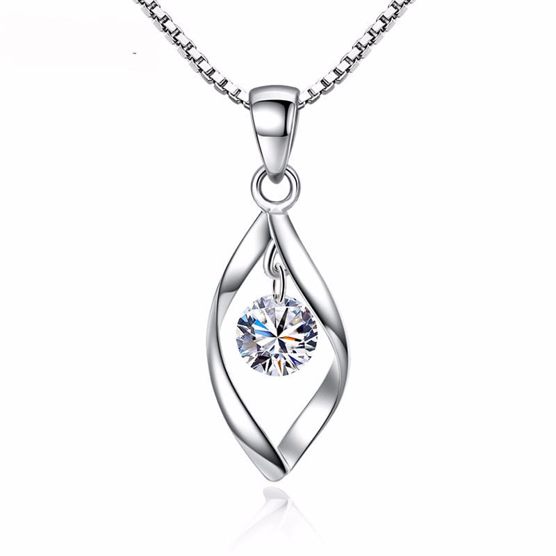 Elegant zircon twist teardrop pendant necklace featuring a silver twisted metal design with a central round-cut clear gemstone.