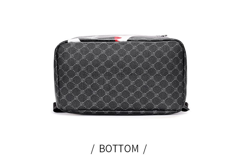 black rectangular toiletry bag with a repeating geometric pattern and reinforced stitching along the edges designed for the Shark Backpack large capacity geometric business pu bag collection.