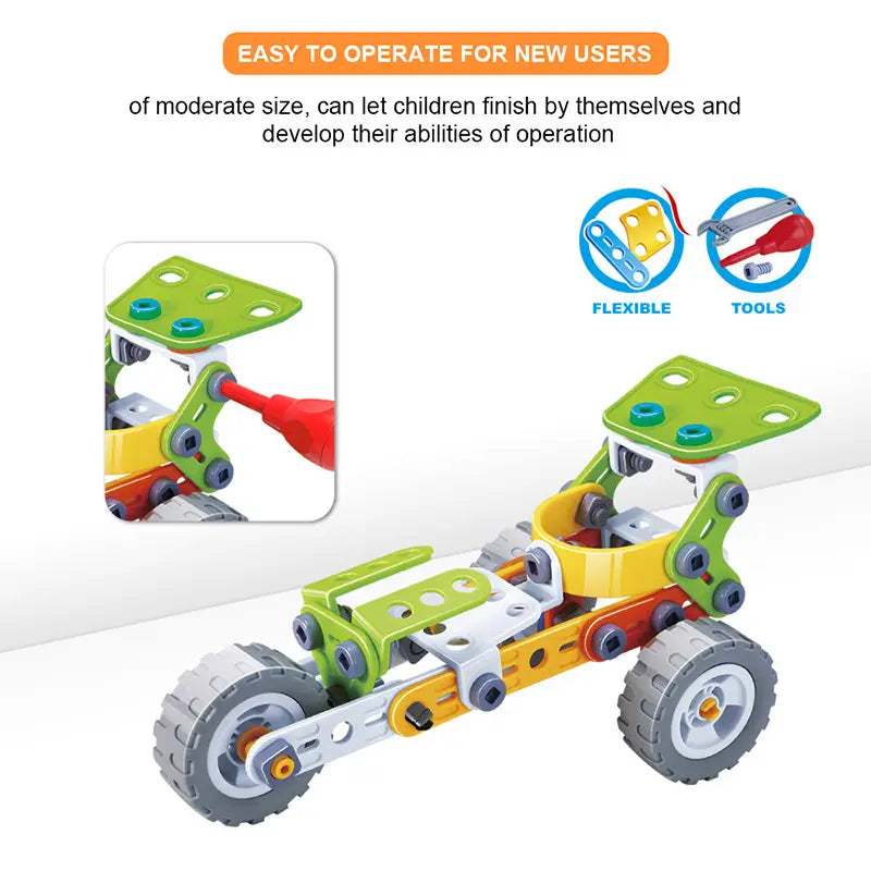 Brightly colored plastic toy car with green, yellow, orange, white, and gray interlocking metal pieces from the Engineering Vehicle Robot 10 in 1 Building Block Set.